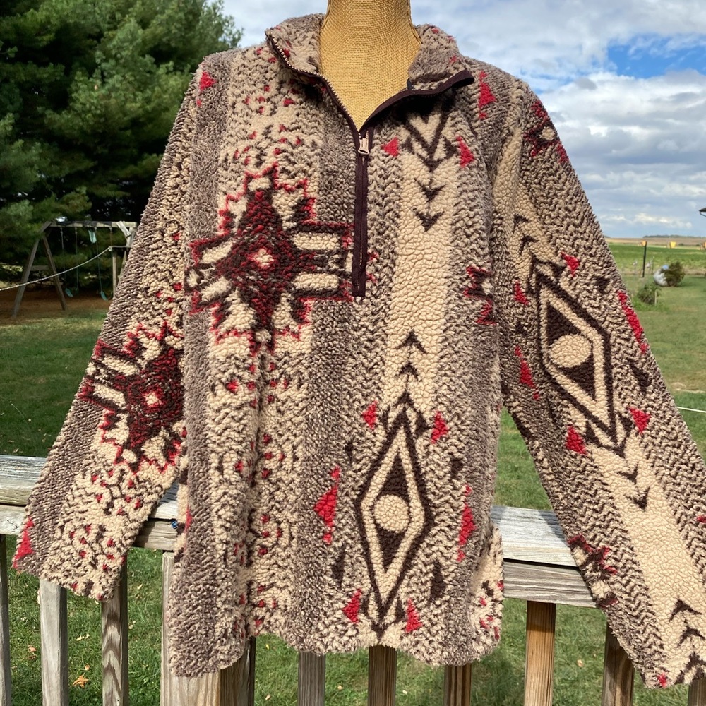 Outback Trading Co. Men’s Sherpa Half zip Pullover Sweater Tribal Browns Medium